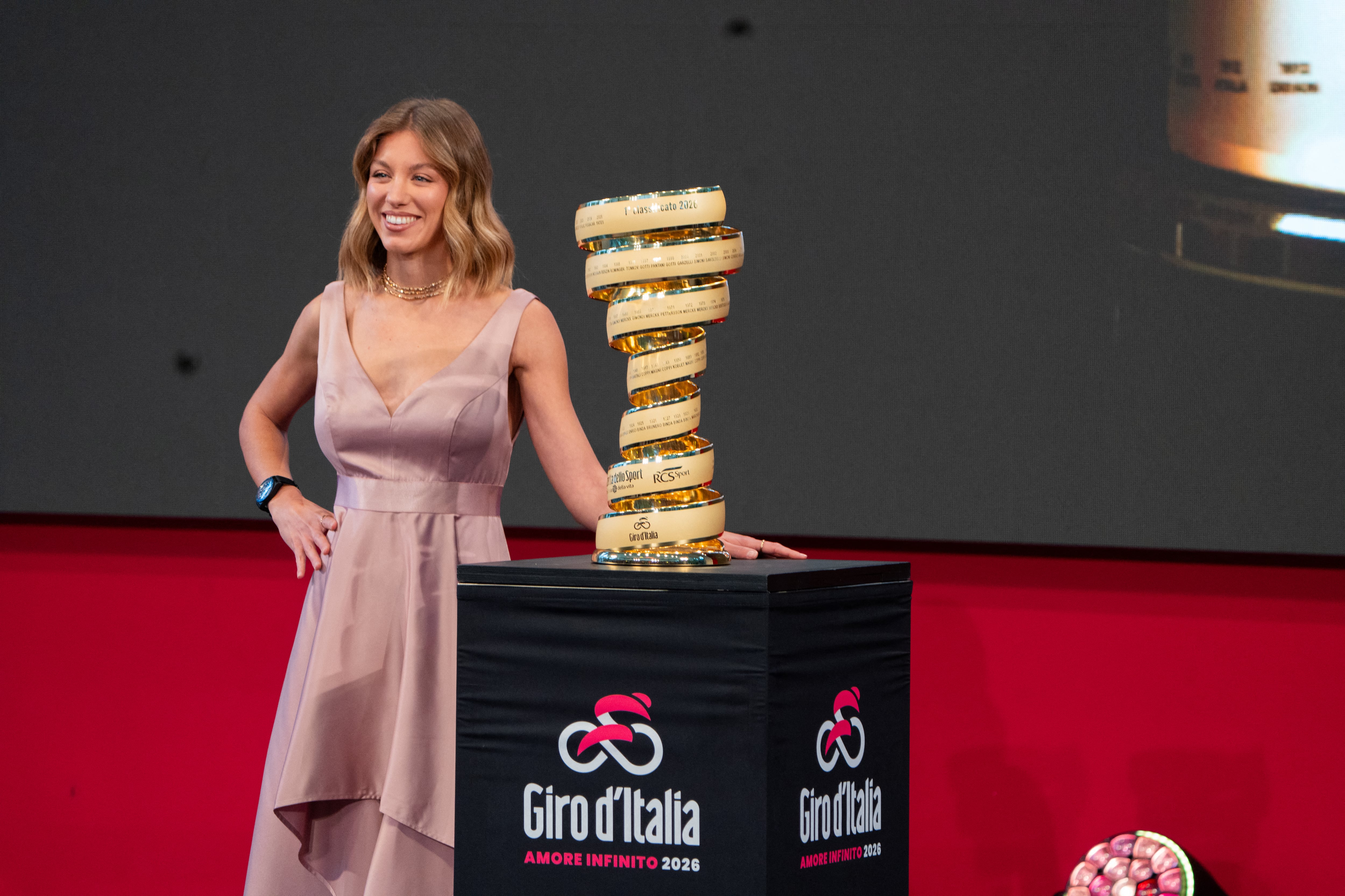 The Giro d'Italia trophy is displayed during the team presentation of the 109th Giro d'Italia in Burgas, Bulgaria, on May 6, 2026. (Photo by Hristo Rusev/NurPhoto) (Photo by Hristo Rusev / NurPhoto via AFP)