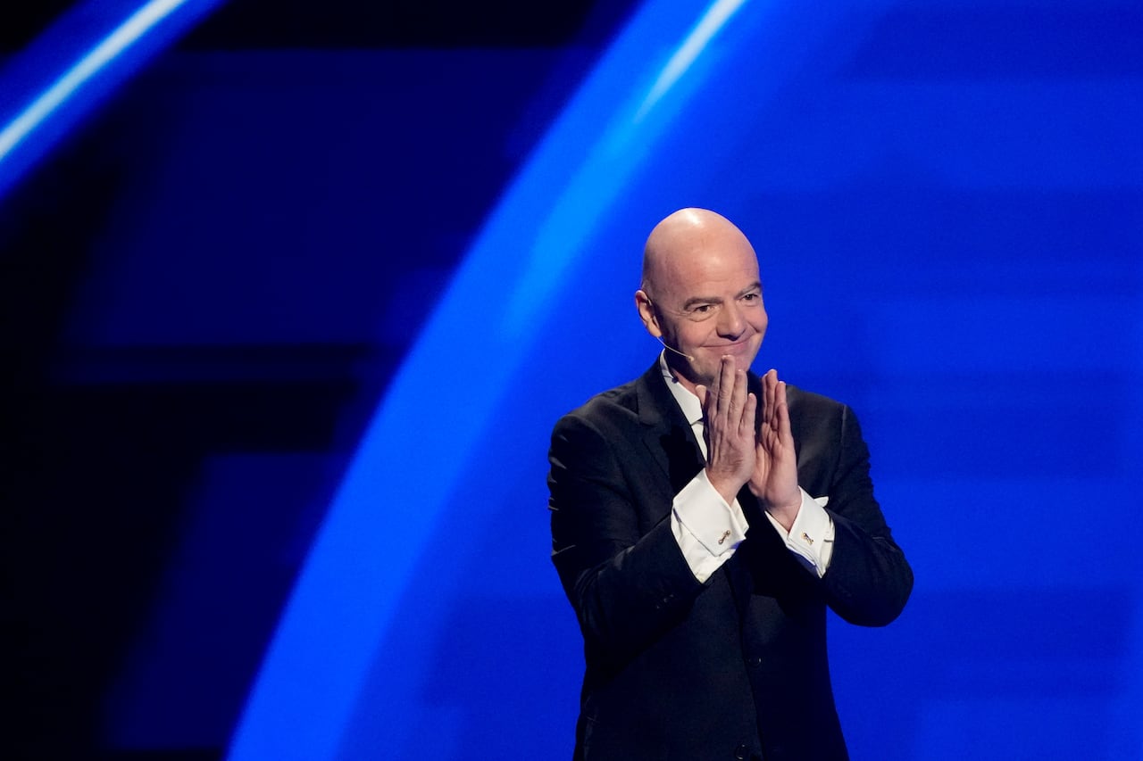 FIFA President Gianni Infantino speaks during the draw for the 2026 soccer World Cup at the Kennedy Center in Washington, Friday, Dec. 5, 2025. (AP Photo/Chris Carlson)