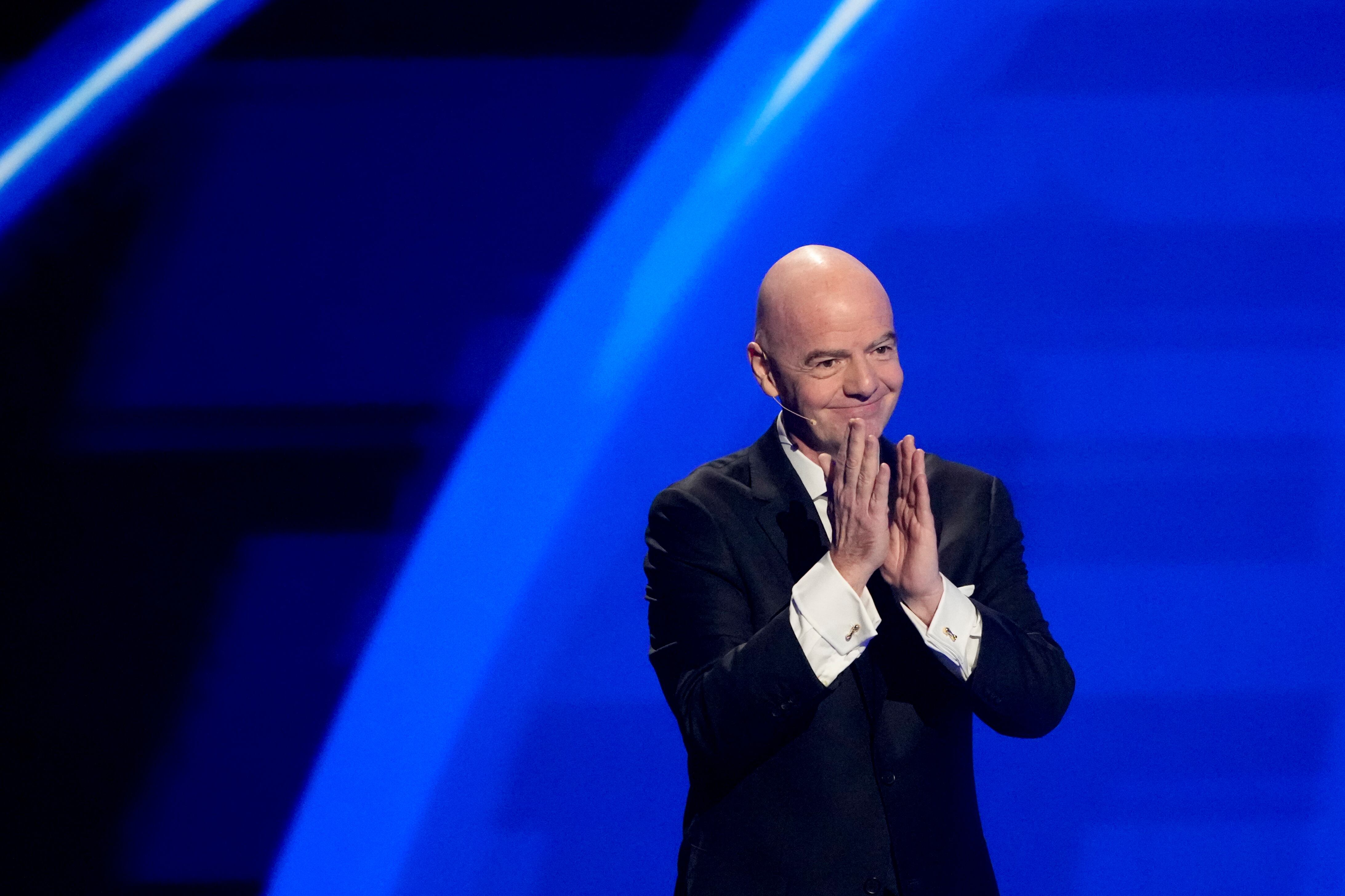 FIFA President Gianni Infantino speaks during the draw for the 2026 soccer World Cup at the Kennedy Center in Washington, Friday, Dec. 5, 2025. (AP Photo/Chris Carlson)