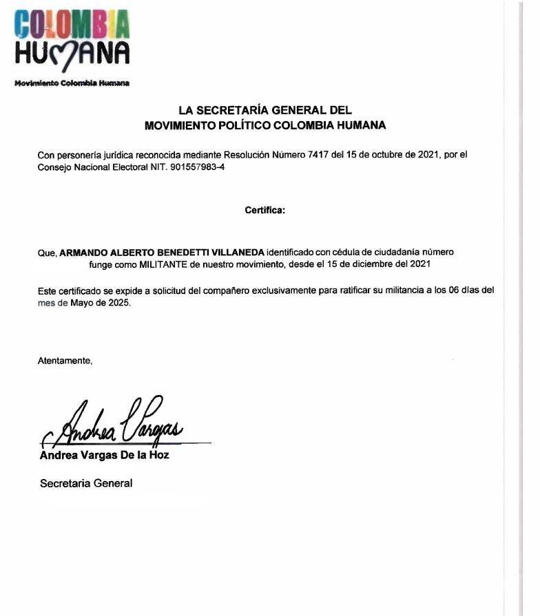 Carta Colombia Humana - Armando Benedetti