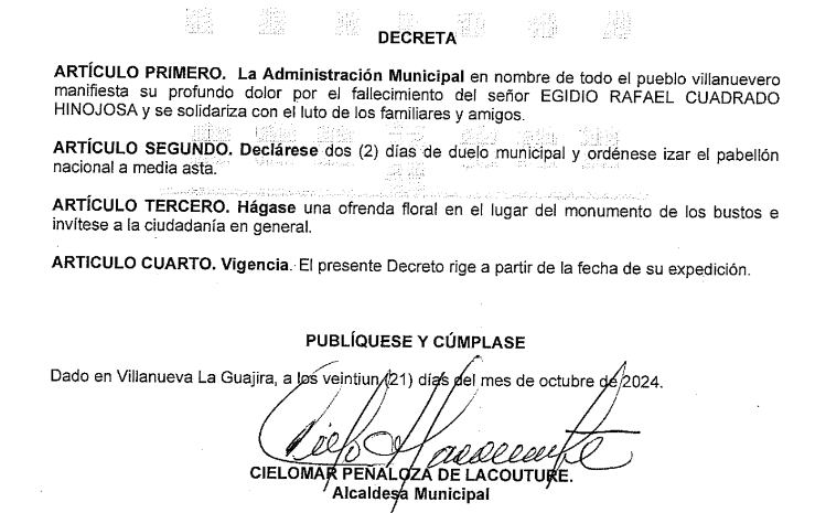 La Alcaldía de Villanueva, La Guajira decretó dos días de luto tras el fallecimiento de Egidio Cuadrado.