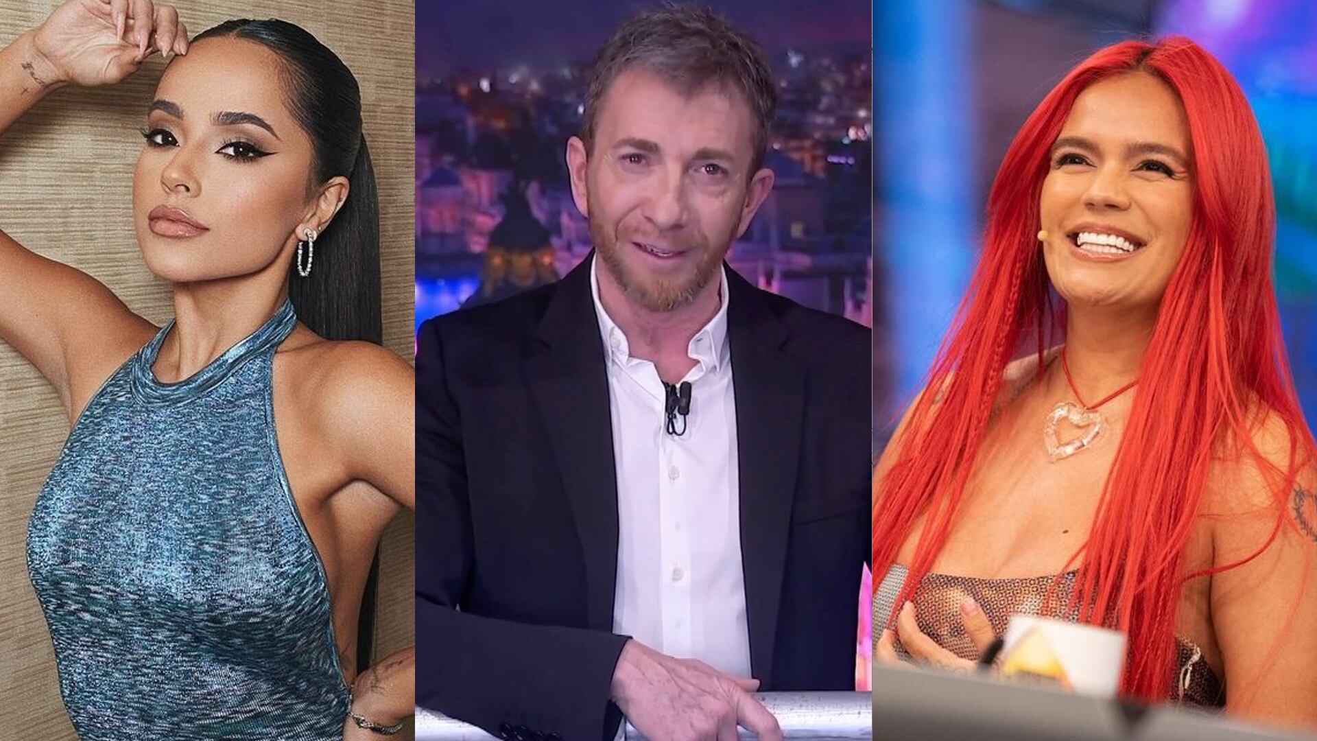 Pablo Motos dijo mal el nombre de Karol G en pleno programa en vivo. Fotos: Instagram @iambeckyg - @pablomotos - @elhormiguero.