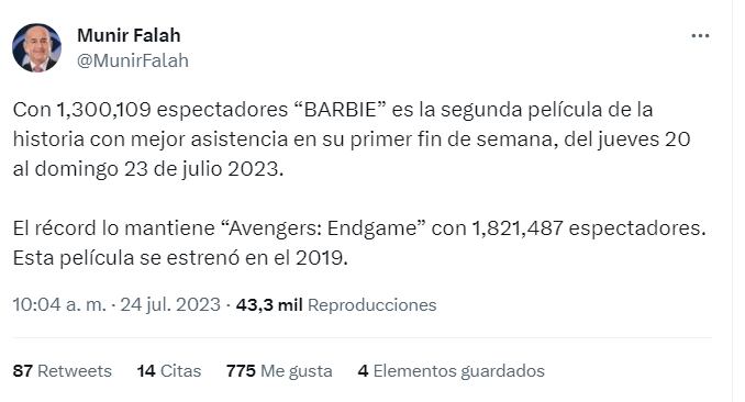 Presidente de Cine Colombia reveló datos de éxito de la película de Barbie en Colombia.