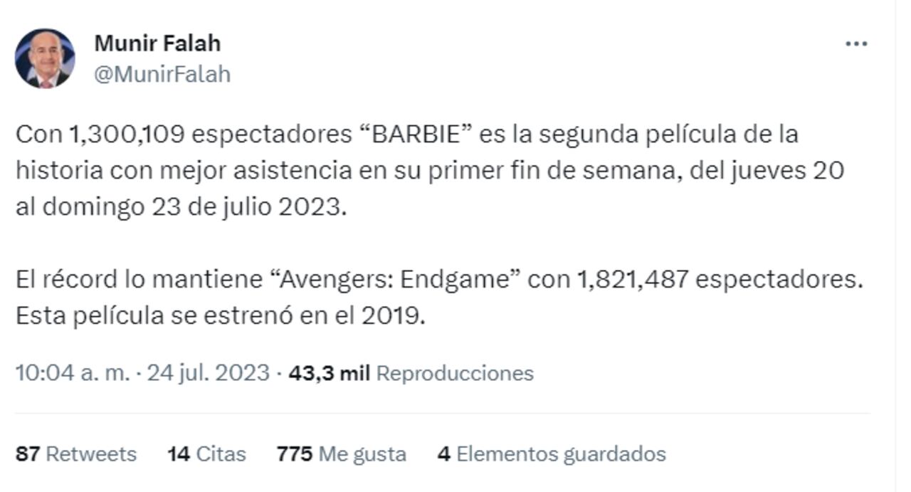 Presidente de Cine Colombia reveló datos de éxito de la película de Barbie en Colombia.