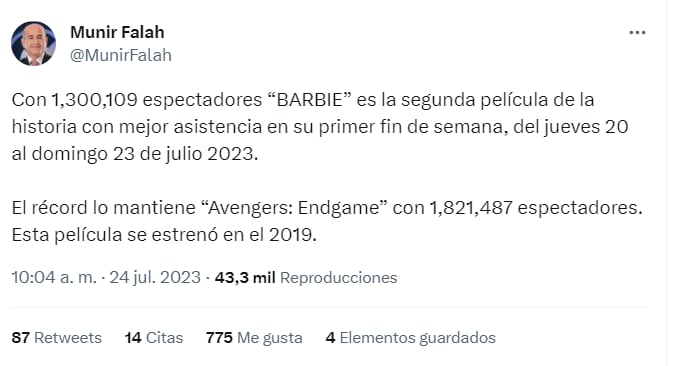 Presidente de Cine Colombia reveló datos de éxito de la película de Barbie en Colombia.