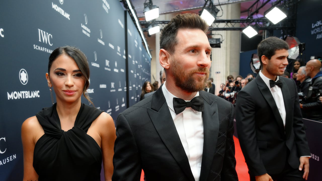 PARIS, FRANCE - MAY 08: Laureus World Sportsman of the Year 2023 nominee Lionel Messi and wife Antonella Roccuzzo arrives at the 2023 Laureus World Sport Awards Paris red carpet arrivals at Cour Vendome on May 08, 2023 in Paris, France. (Photo by Kristy Sparow/Getty Images for Laureus)