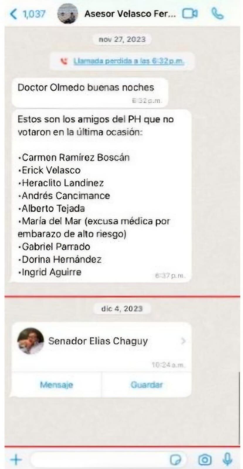 Fernando Henao, asesor de Velasco y abonado telefónico: 30059280**, le escribe a Olmedo López, enviándole el teléfono del senador Chagüi y hasta le pasa una lista de congresistas del Pacto Histórico que no han votado en favor del gobierno para no favorecerlos con contratos.