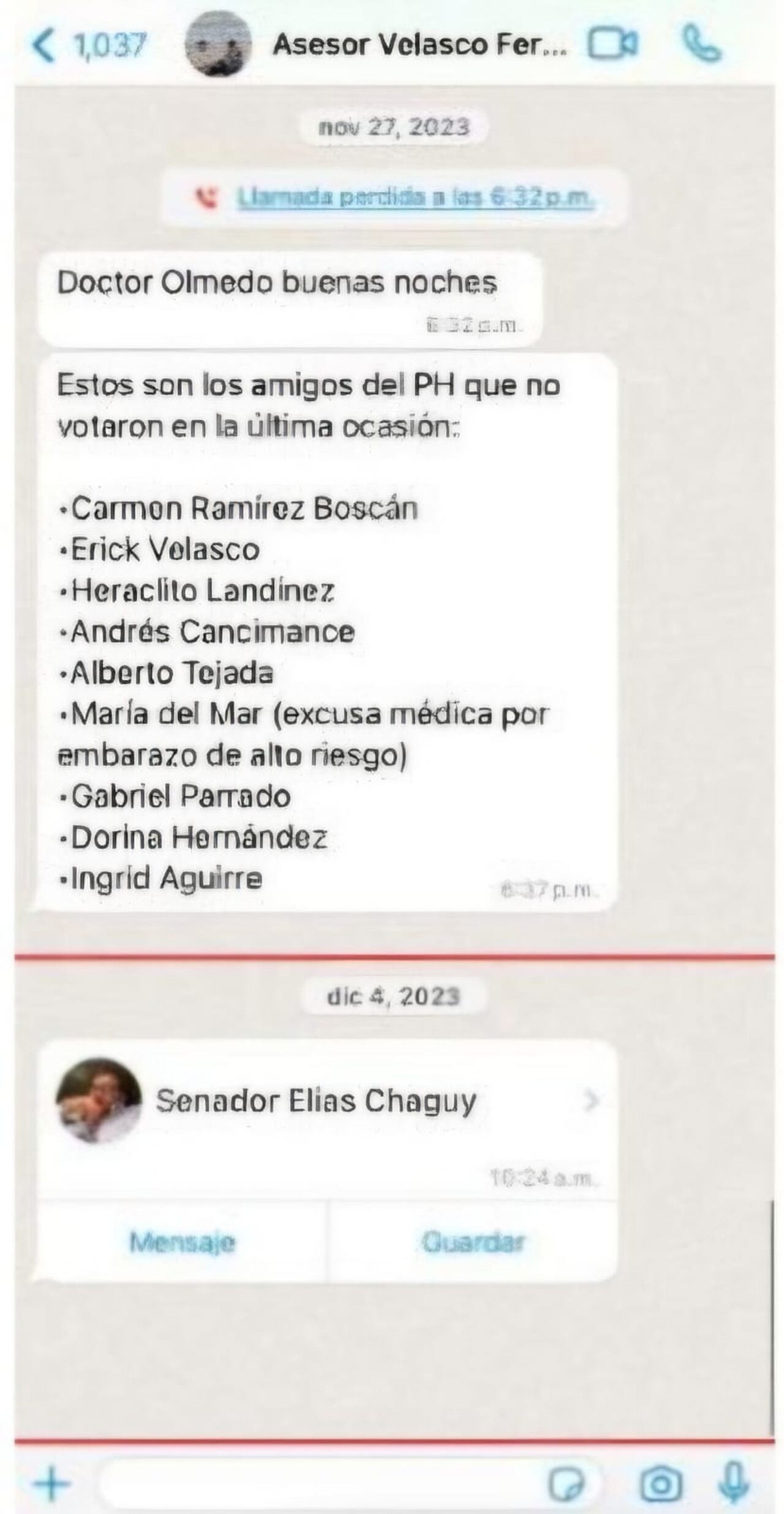 Fernando Henao, asesor de Velasco y abonado telefónico: 30059280**, le escribe a Olmedo López, enviándole el teléfono del senador Chagüi y hasta le pasa una lista de congresistas del Pacto Histórico que no han votado en favor del gobierno para no favorecerlos con contratos.