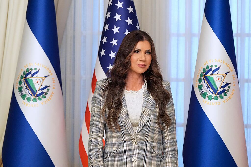 SAN SALVADOR, EL SALVADOR - MARCH 26: Homeland Security Secretary Kristi Noem attends a Security Alliance for Fugitive Enforcement Memorandum of Cooperation signing ceremony, at the presidential palace on March 26, 2025 in San Salvador, El Salvador. The Trump administration deported 238 alleged members of the Venezuelan criminal organizations 'Tren De Aragua' and Mara Salvatrucha with only 23 being members of the Mara. Nayib Bukele president of El Salvador announced that his government will receive the alleged members of the gang to be taken to CECOT. (Photo by Alex Brandon-Pool/Getty Images)
