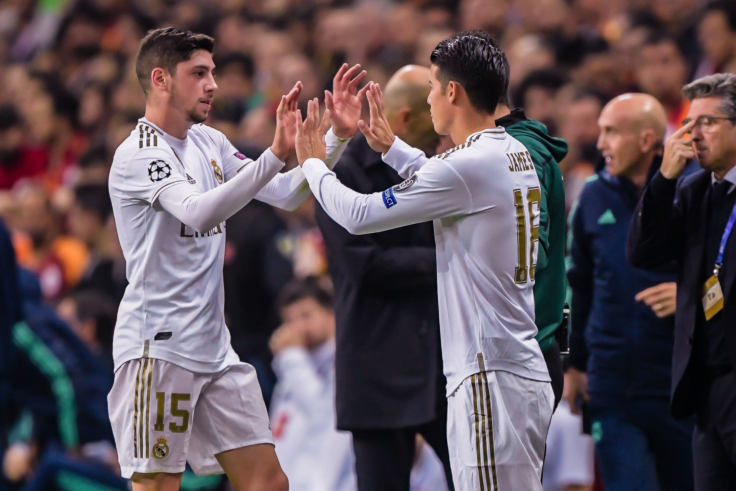 (L-R) Federico Santiago Valverde Dipetta of Real Madrid CF, James Rodriguez of Real Madrid during the UEFA Champions League group A match between Galatasaray AS and Real Madrid at Turk Telekom Stadyumu on October 22, 2019 in Istanbul, Turkey(Photo by ANP Sport via Getty Images)