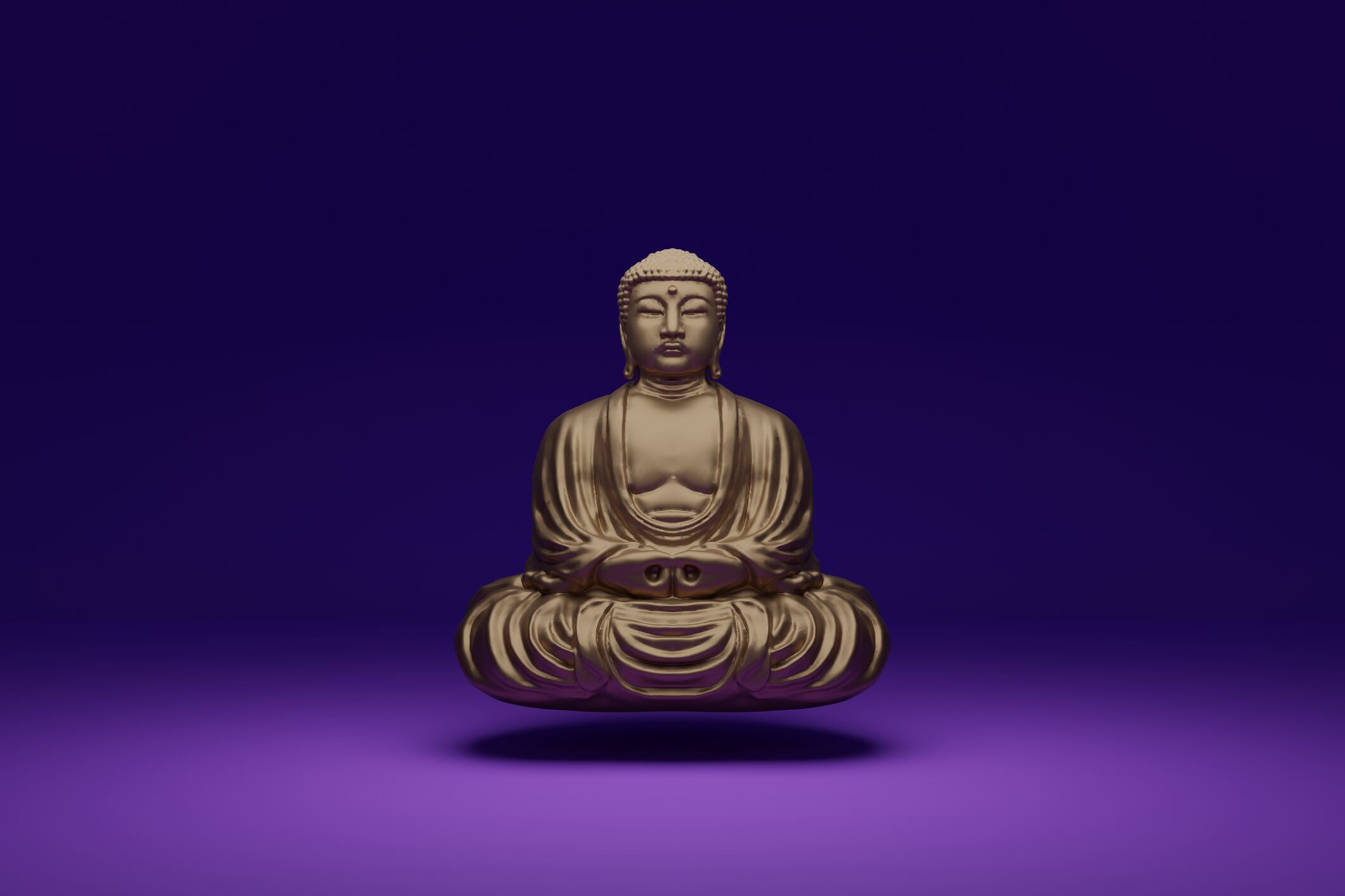 Digital Rendering of Buddha in front of a purple background.