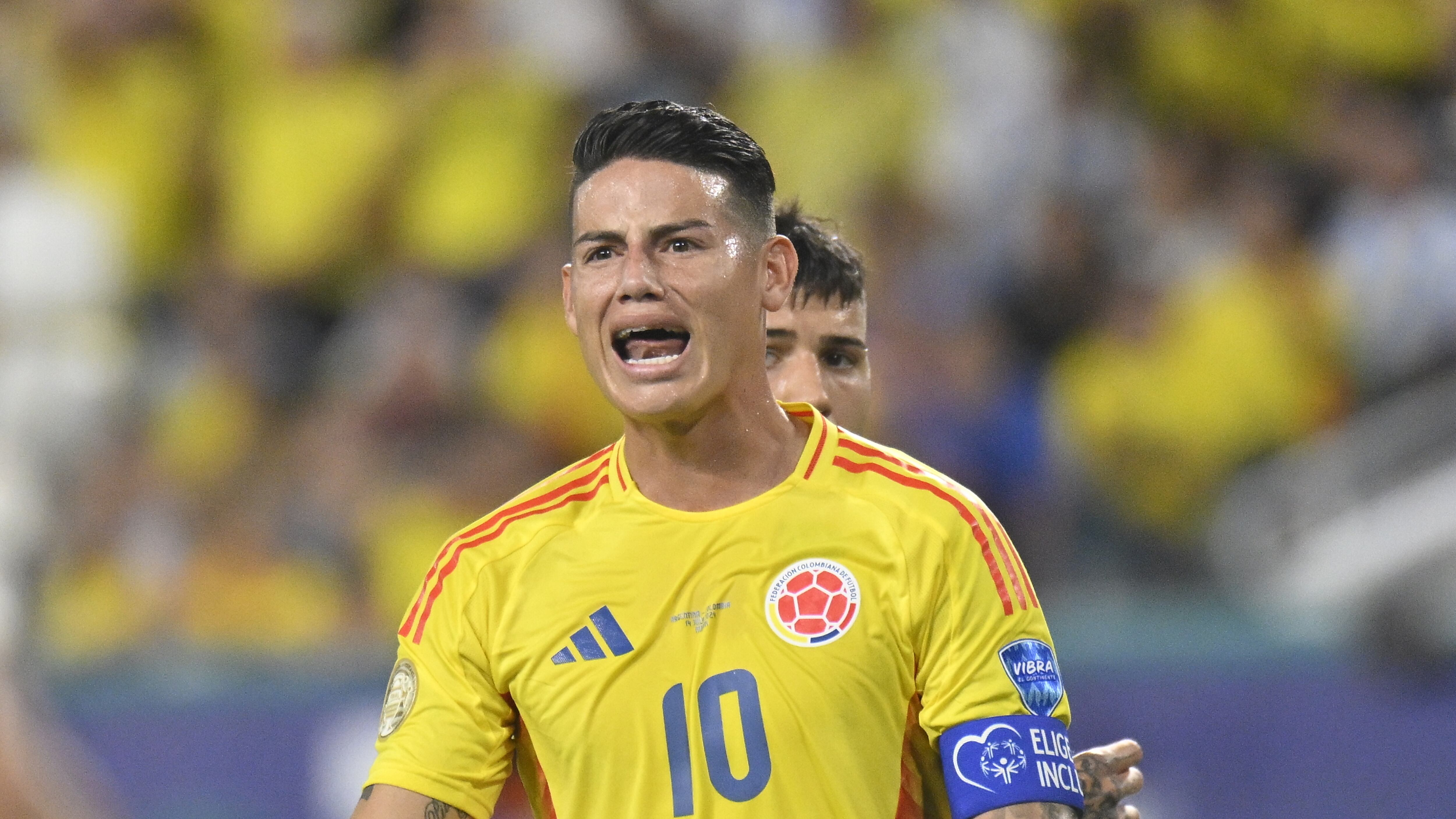 MIAMI GARDENS, FLORIDA - JULY 14: James Rodriguez of Colombia reacts during the final match of Copa America between Argentina and Colombia at Hard Rock Stadium in Miami, Florida, United States on July 14, 2024. (Photo by Miguel J Rodriguez Carrillo/Anadolu via Getty Images)