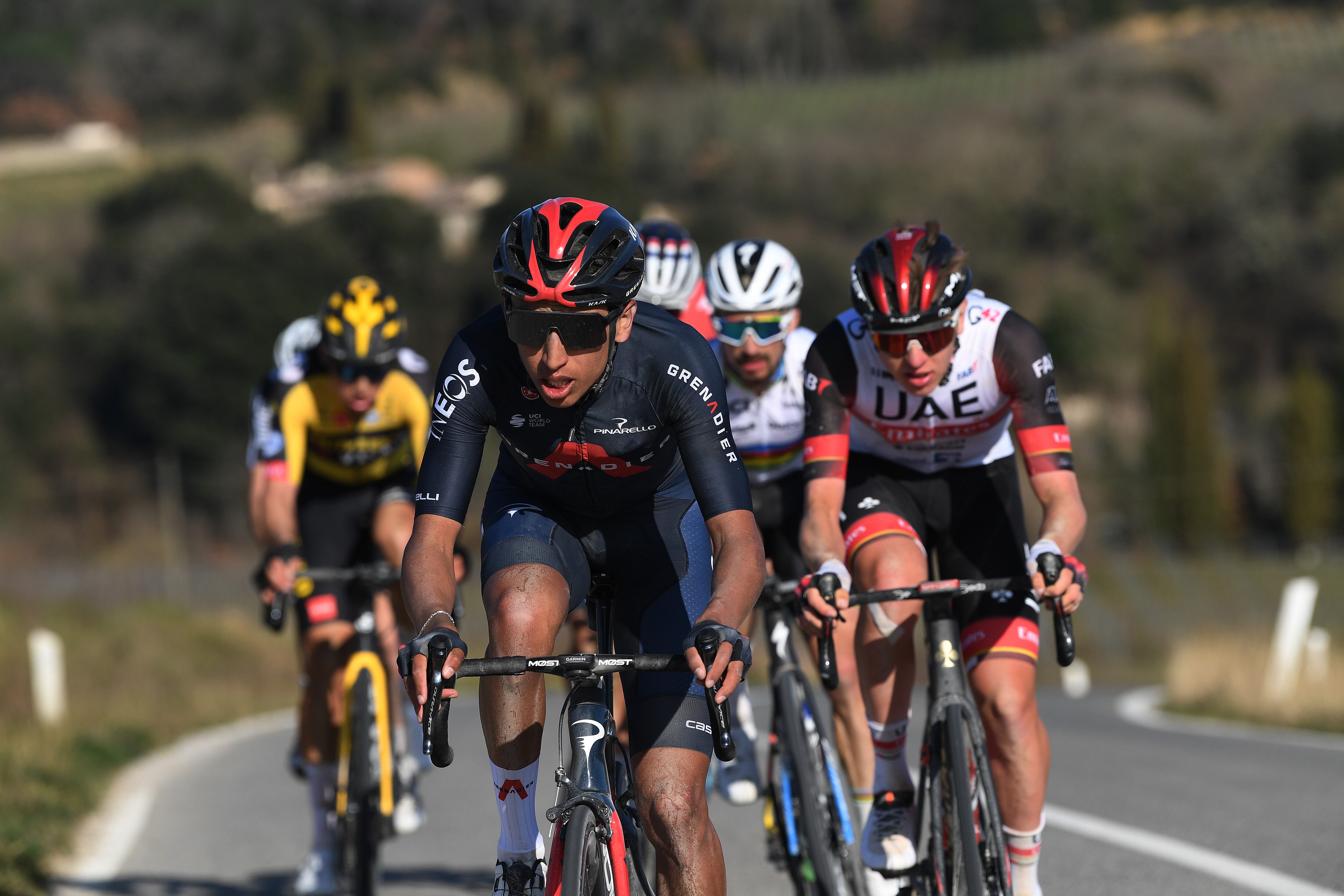 SIENA, ITALY - MARCH 06: Egan Arley Bernal Gomez of Colombia and Team INEOS Grenadiers & Tadej Pogacar of Slovenia and UAE Team Emirates during the Eroica - 15th Strade Bianche 2021, Men's Elite a 184km race from Siena to Siena - Piazza del Campo / Breakaway / #StradeBianche / on March 06, 2021 in Siena, Italy. (Photo by Tim de Waele/Getty Images)