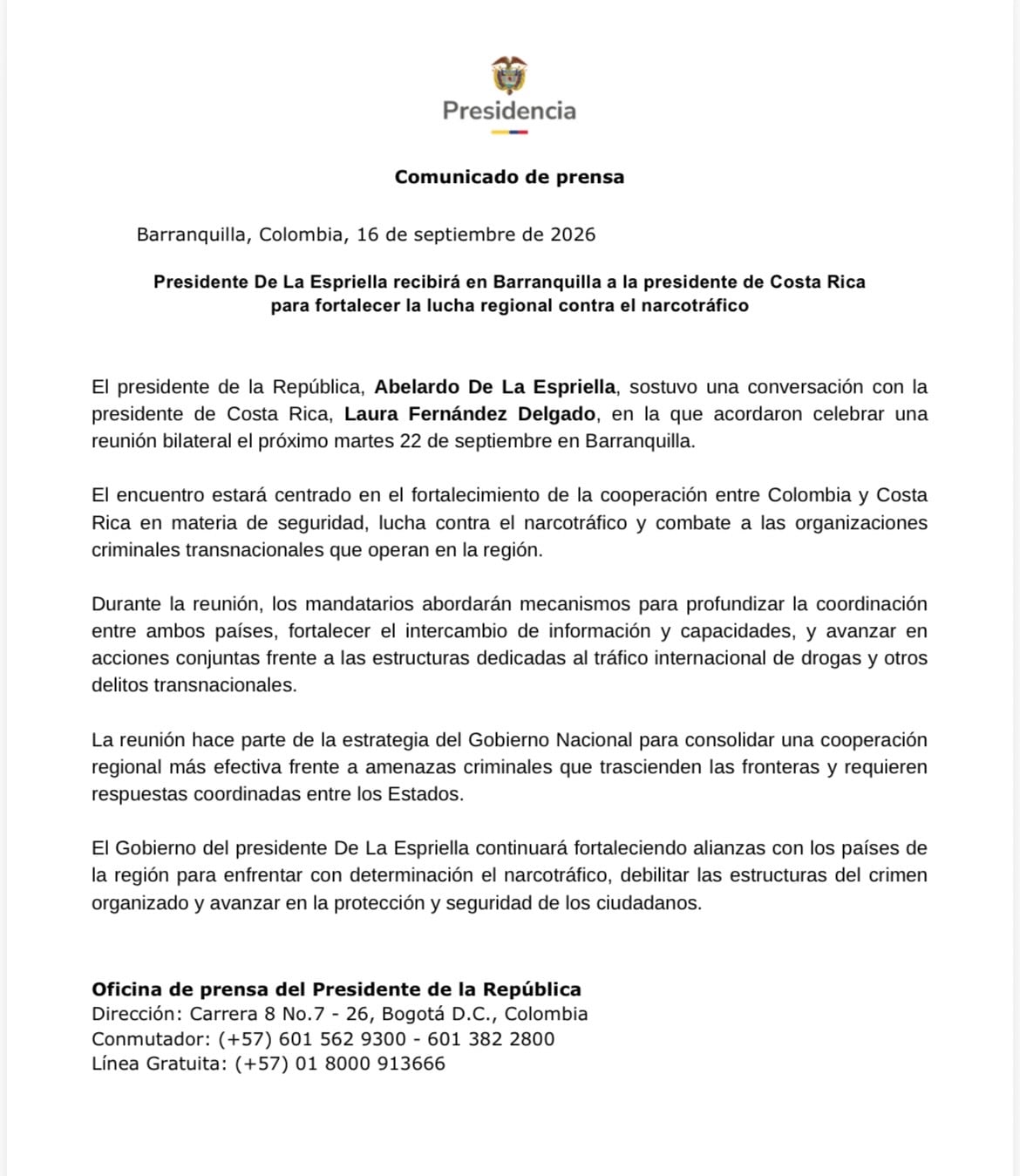Comunicado Presidencia de la República
