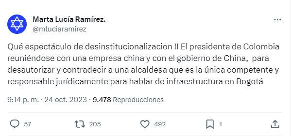 Publicación de Marta Lucía Ramírez en X.