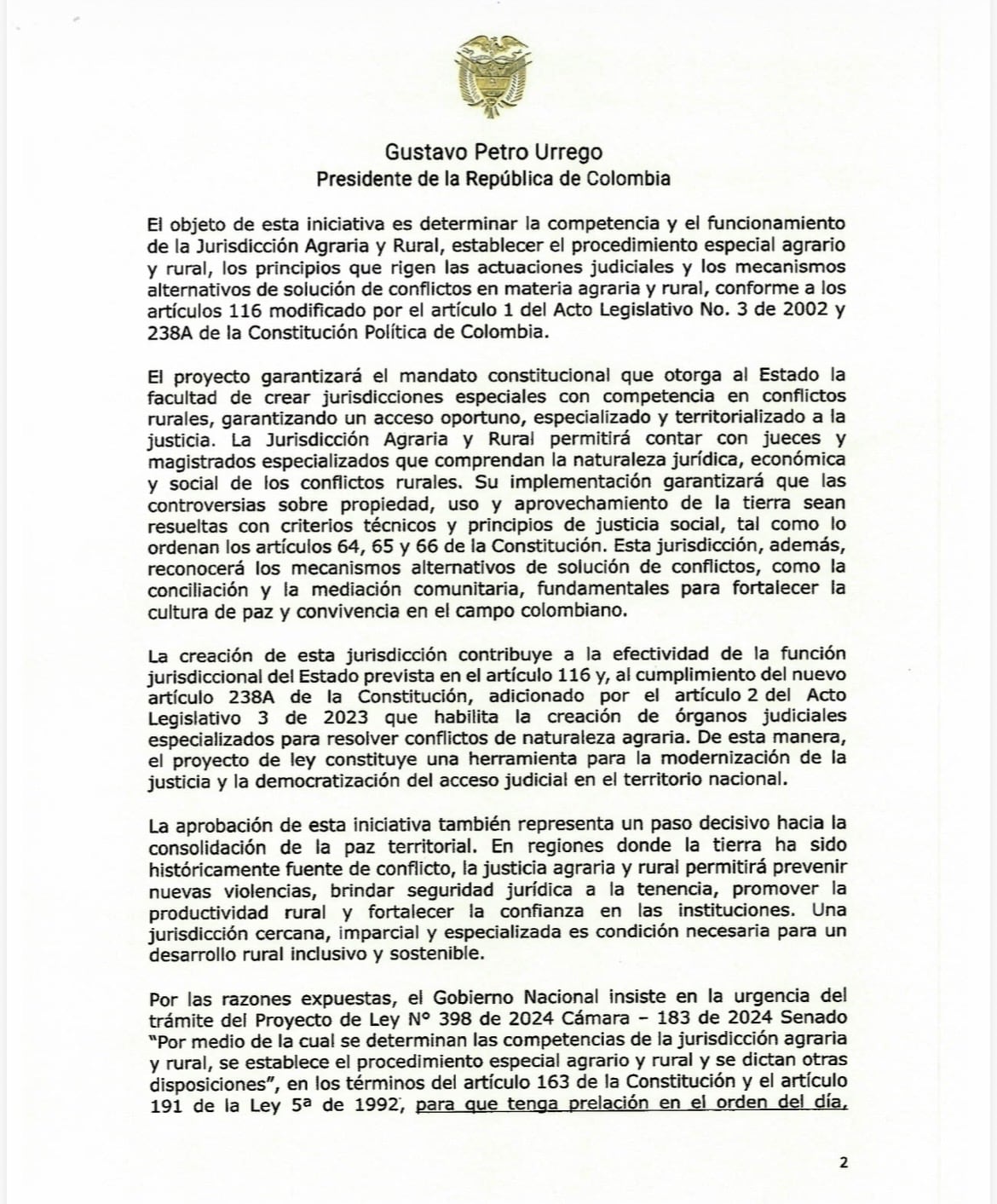 Documento mensaje de insistencia del Gobierno sobre la jurisdicción agraria.