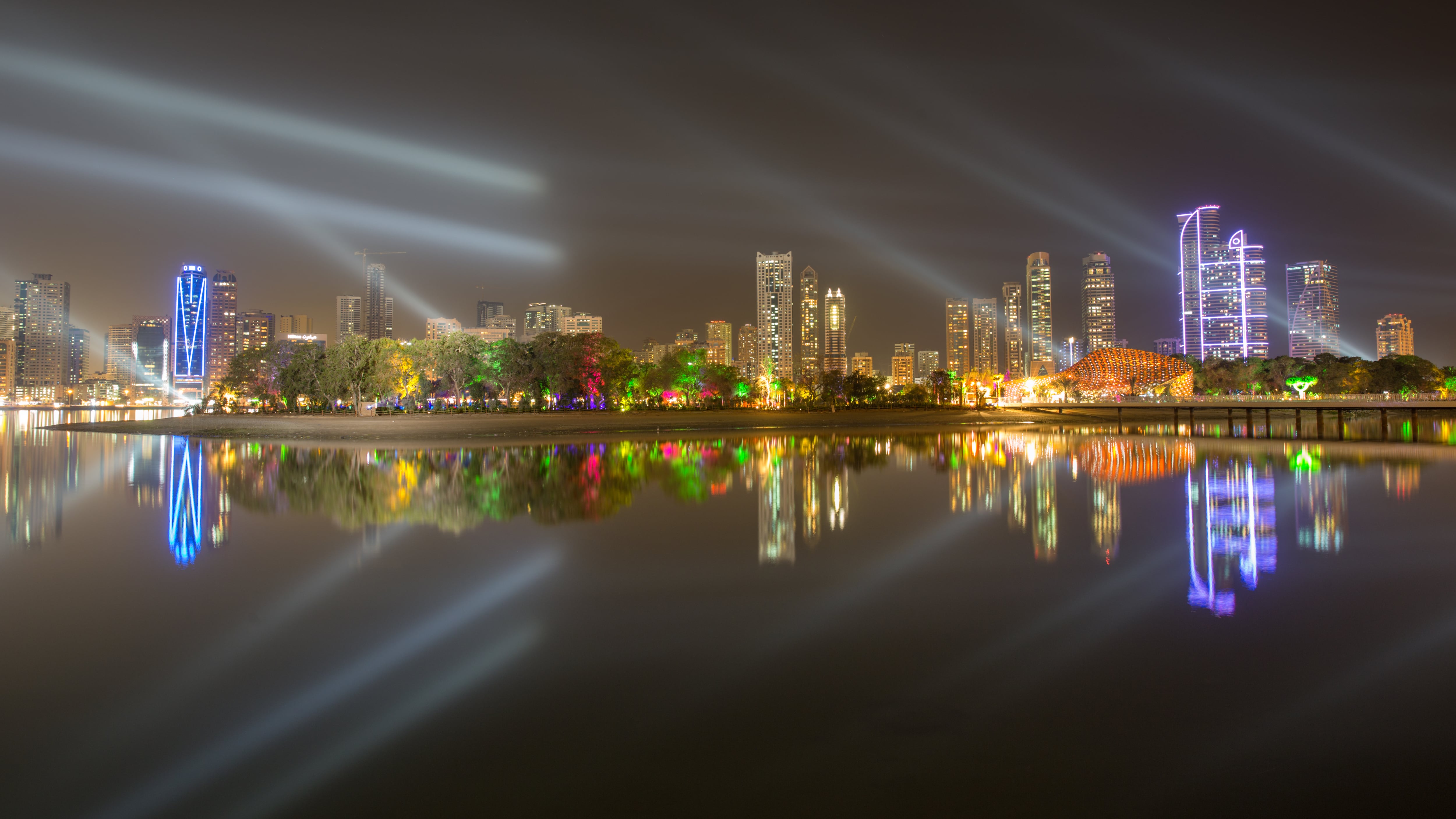 Al Noor island Butterfly park and other buildings in the Buhaira corniche, Sharjah, UAE