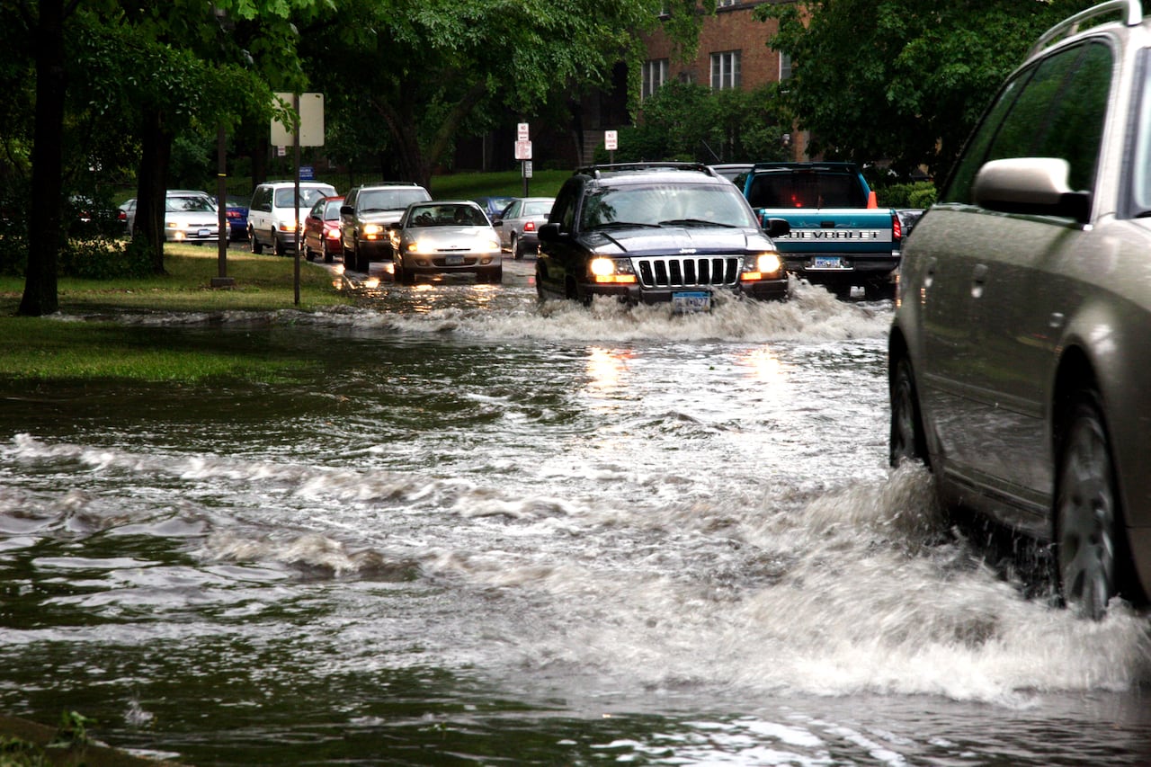 Cars took turns navigating through the flood waters on dean pkwy. Some cars did not make it and were pushed out of the collecting water. Many trees fell during the storm.