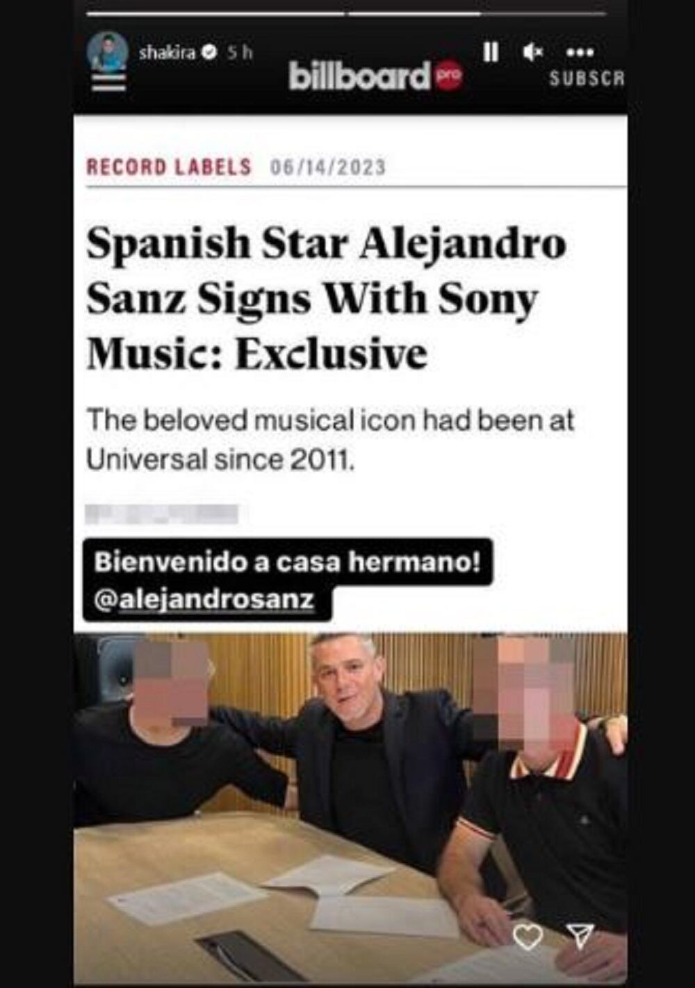 Shakira felicitó a Alejandro Sanz