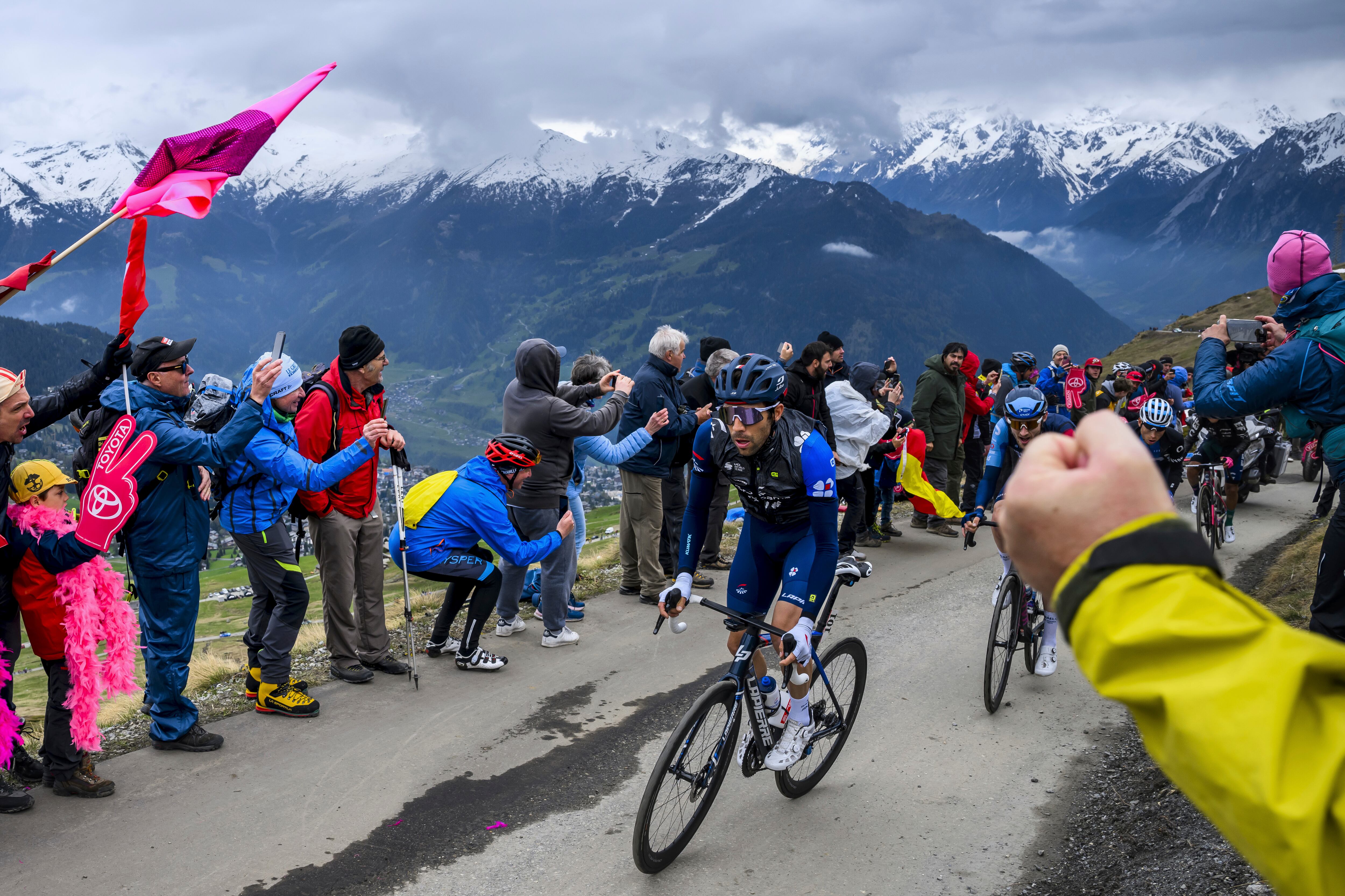 France's Thibaut Pinot pedals during the 13th stage of the Giro D'Italia, tour of Italy cycling race, in Verbier, Switzerland, Friday, May 19, 2023. (Jean-Christophe Bott/Keystone via AP)