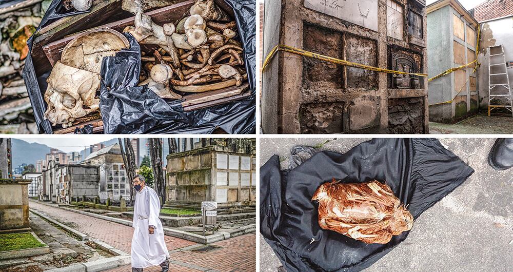    En las imágenes, bóvedas que fueron objeto de saqueos o donde escondían los restos. Dairo Mora, Liliana Mercado y Éder Parada, directivos de Jardines de Luz y Paz. Además, restos de animales, usados en ritos de brujería. 