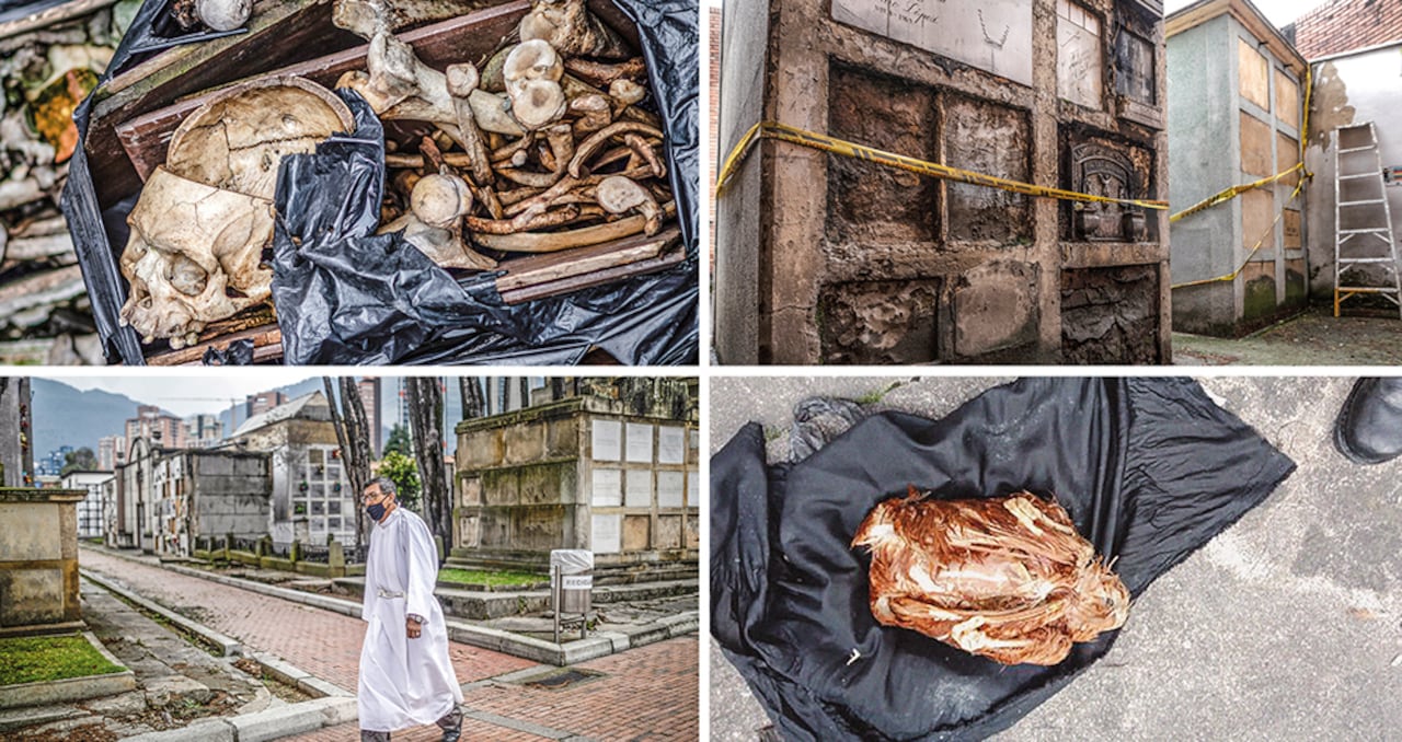 En las imágenes, bóvedas que fueron objeto de saqueos o donde escondían los restos. Dairo Mora, Liliana Mercado y Éder Parada, directivos de Jardines de Luz y Paz. Además, restos de animales, usados en ritos de brujería.