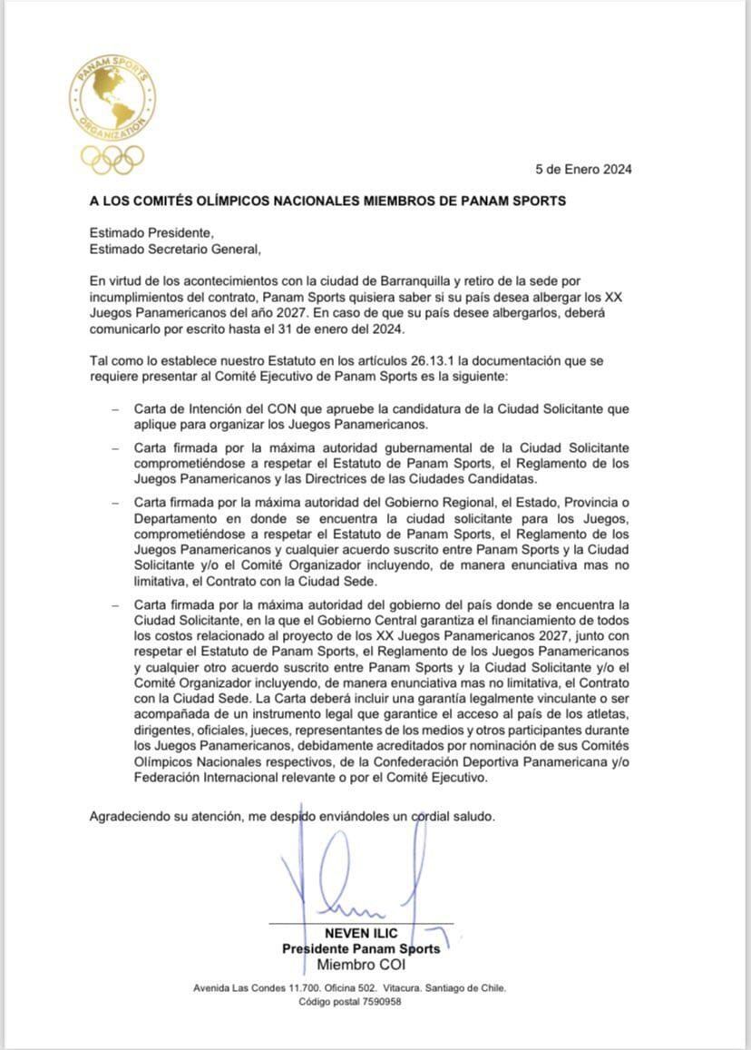 Panam Sports invita a los Comités Olímpicos Nacionales a postularse para acoger a los Juegos Panamericanos 2027.