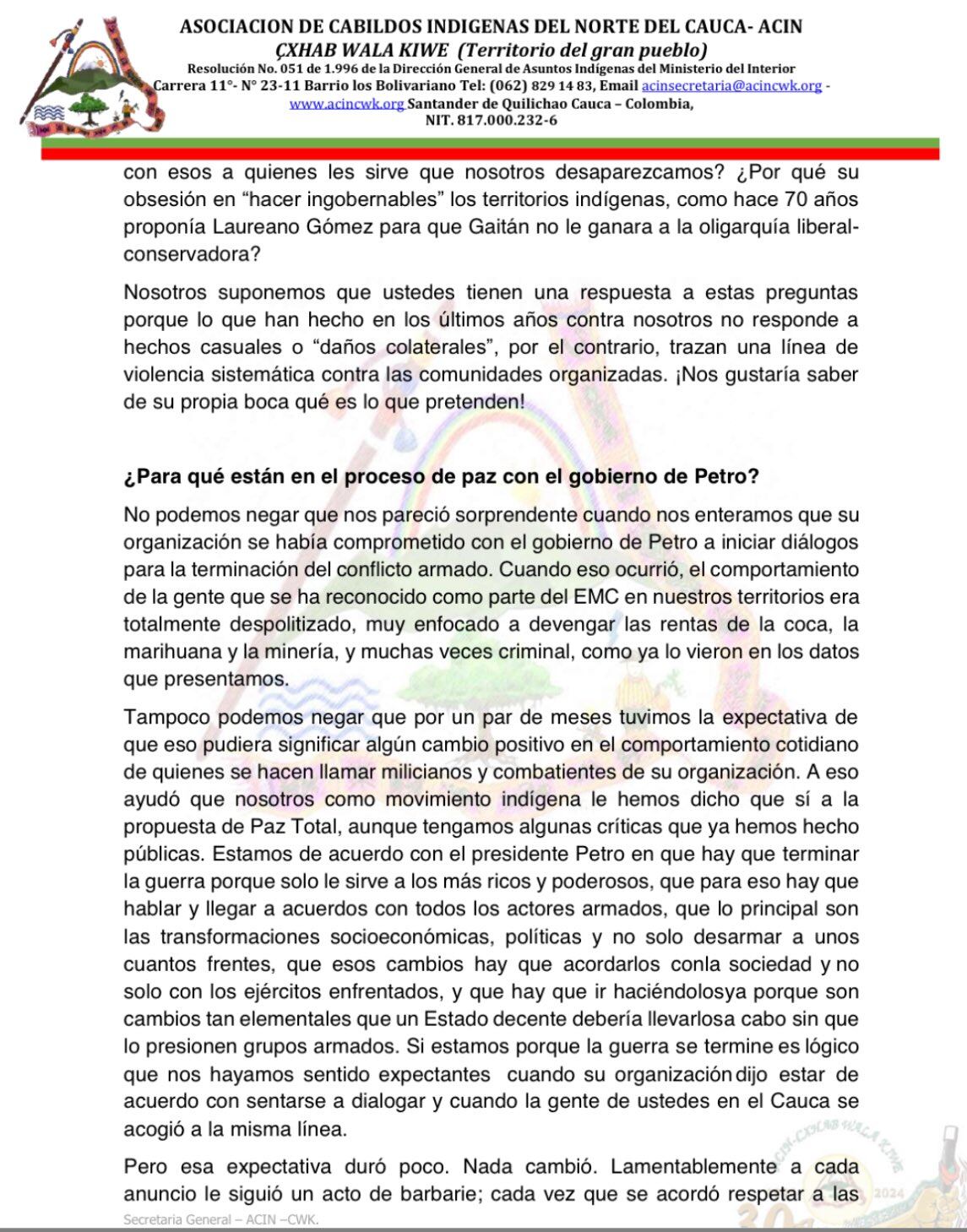 Carta indígenas a Farc de Iván Mordisco