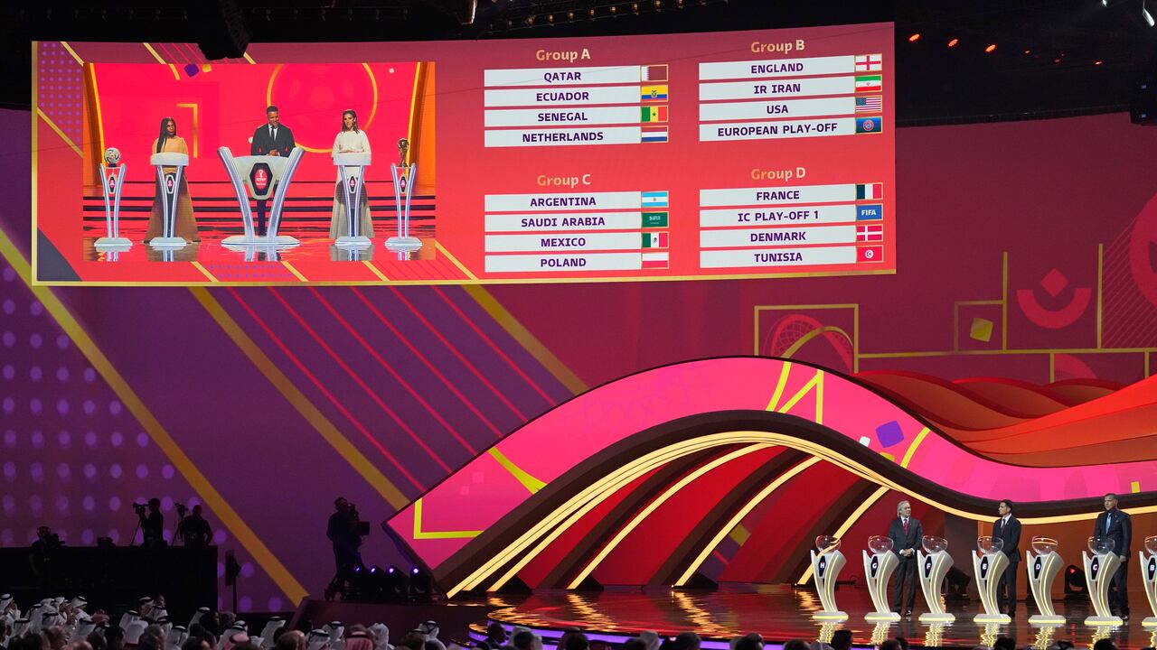 Groups A, B, C and D and displayed on screen during the 2022 soccer World Cup draw at the Doha Exhibition and Convention Center in Doha, Qatar, Friday, April 1, 2022. (AP Photo/Darko Bandic)