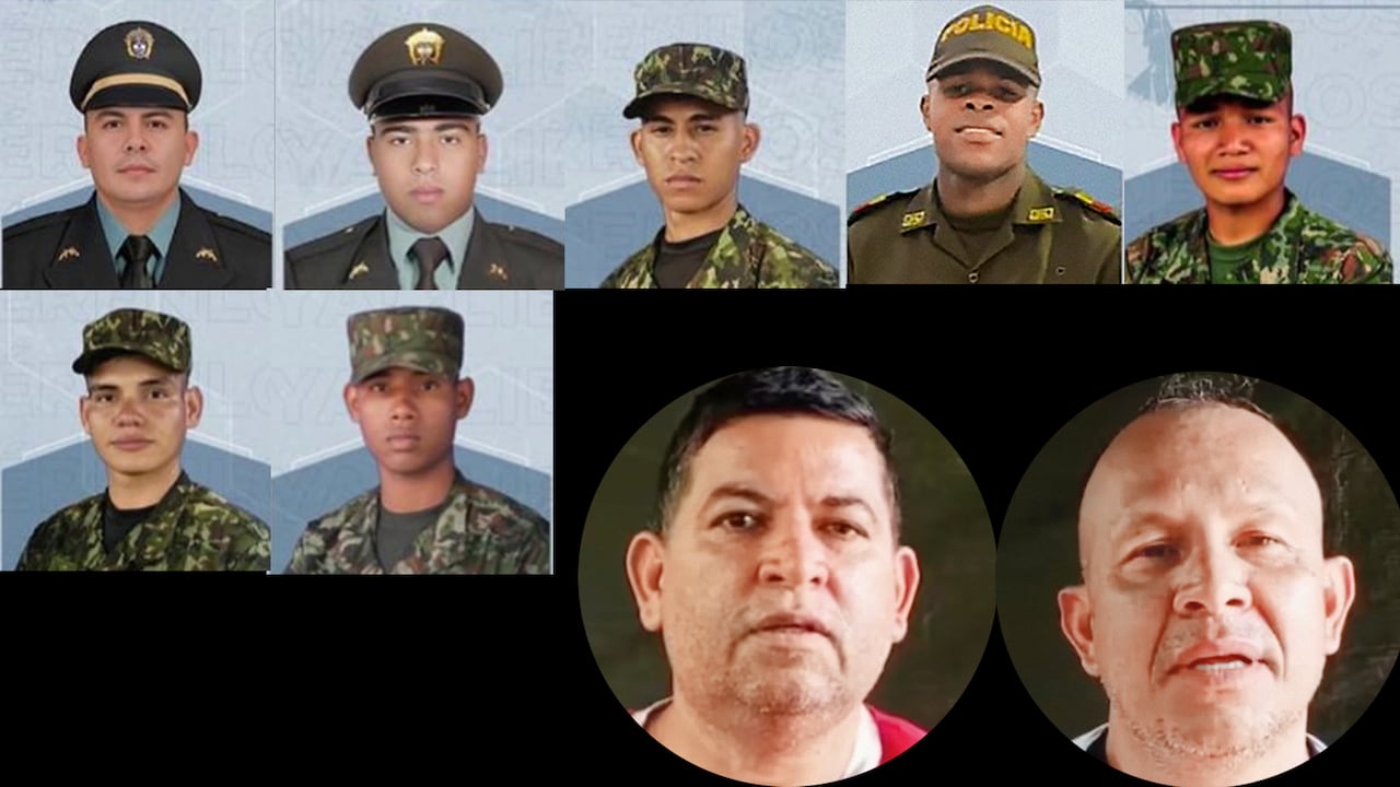 Al menos diez uniformados permanecen secuestrados por grupos armados. En la foto, el subintendente Franque Esley Hoyos Murcia, el patrullero Yordi Fabián Pérez Mendoza, el soldado Jeison Javier García, auxiliar de Policía José Larrahondo y los soldados Jamerson Adrián Guachetá, Brayan Stiven Ruiz Toro, Juan David Buitrón Caicedo, así como los agentes del CTI Jesús Antonio Pacheco y Rodrigo Antonio López.