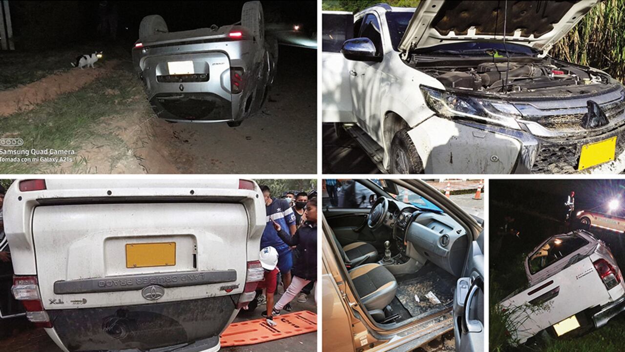 Fotos de los vehículos alquilados por la Unidad de Protección, los cuales fueron destruidos en medio de los enfrentamientos en Cali y otras ciudades. Las imágenes se adjuntaron a los documentos que entregaron los escoltas a la UNP.