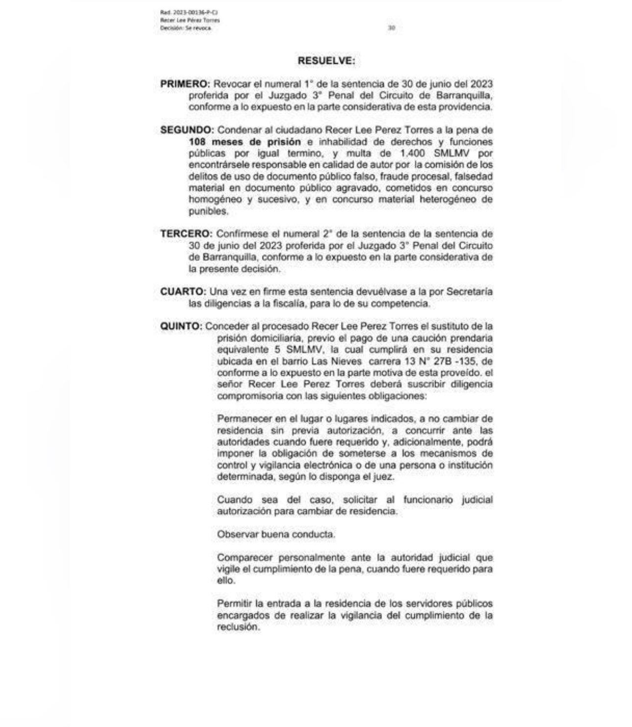 Tribunal Superior de Barranquilla emitió la condena