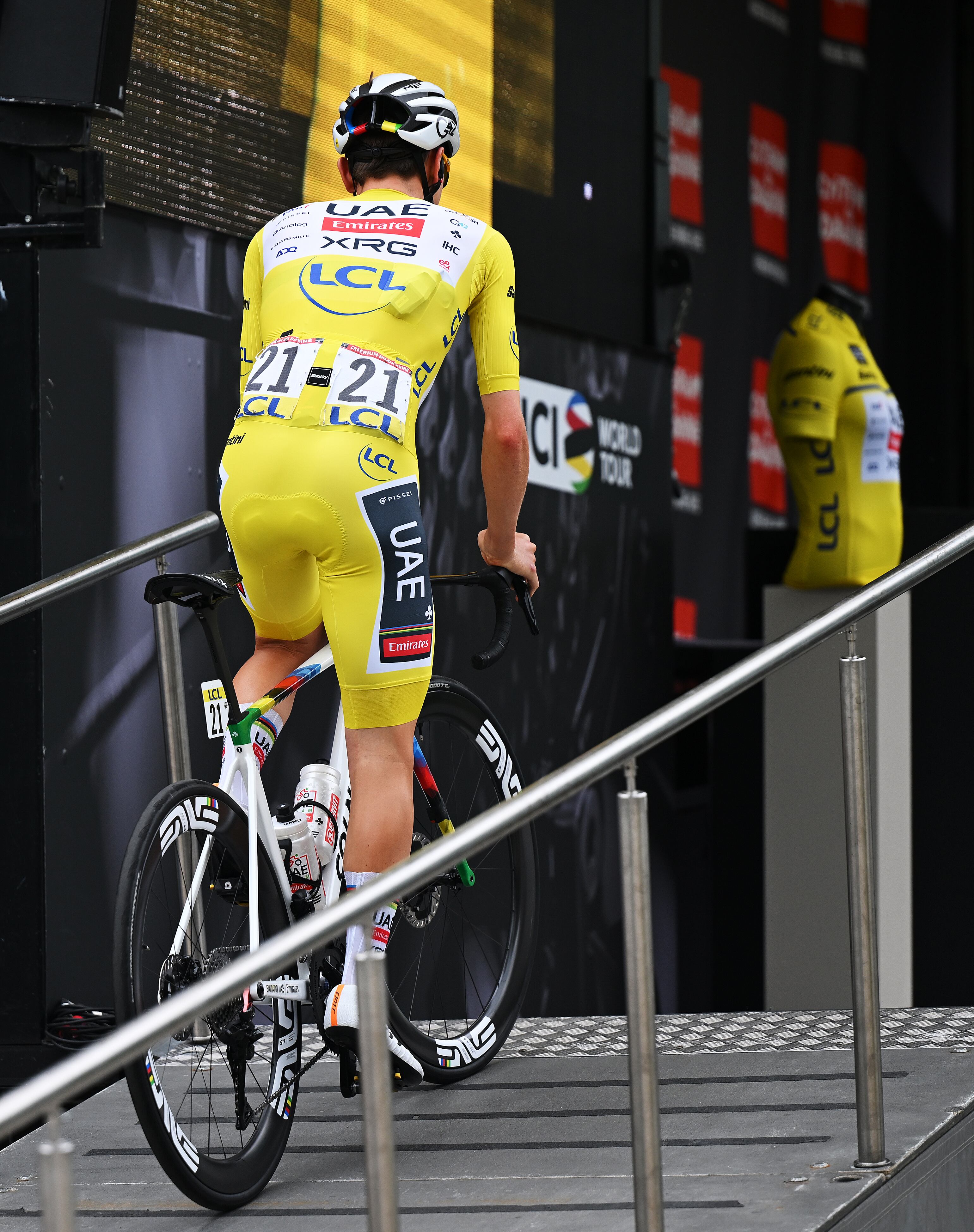 VAL-D'ARC, FRANCE - JUNE 15: Detailed view of Tadej Pogacar of Slovenia and UAE Team Emirates - XRG - Yellow leader jersey prior to the 77th Criterium du Dauphine 2025, Stage 8 a 133.3km stage from Val-d'Arc›Plateau du Mont-Cenis 2095m / #UCIWT / on June 15, 2025 in Val-d'Arc, France. (Photo by Dario Belingheri/Getty Images)