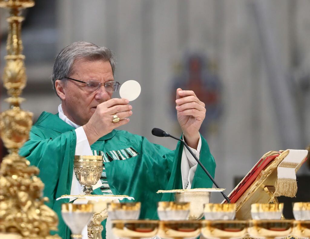 Cardinal Mario Grech, Secretary General of the Synod of Bishops, during the Mass presided over by Pope Francis in St. Peter's Basilica on the occasion of the conclusion of the Ordinary General Assembly of the Synod of Bishops. The Holy Mass is celebrated for the first time under the recently renovated Baldachin. Vatican City (Vatican), October 27th, 2024 (Photo by Grzegorz Galazka/Archivio Grzegorz Galazka/Mondadori Portfolio via Getty Images)