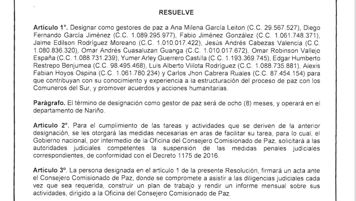 Resolución gestores de paz disidencias ELN