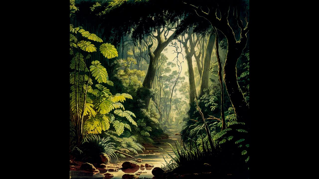 Una IA imagina un mundo de densos bosques y animales exóticos.