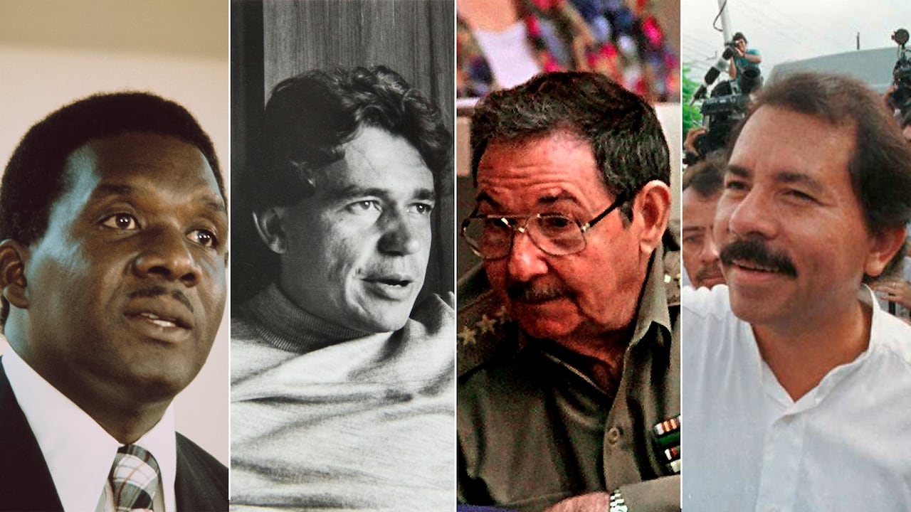 Exprimer ministro de Bahamas, Lynden Pindling; Carlos Lehder; Raúl Castro (hermano de Fidel) y Daniel Ortega, actual presidente de Nicaragua.