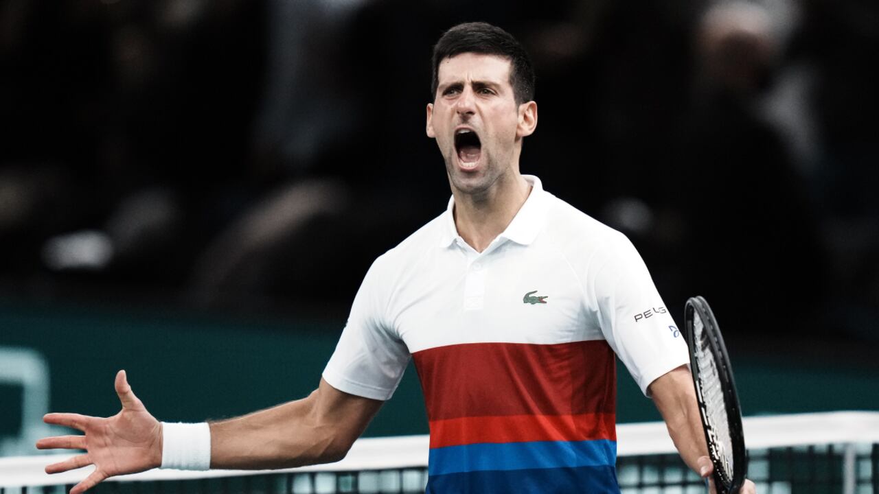 Novak Djokovic of Serbia celebrates his win over Hubert Hurkacz of Poland, during their semifinal match at the Paris Masters tennis tournament at the Accor Arena, in Paris, France, Saturday, Nov. 6, 2021. (AP/Thibault Camus)