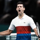 Novak Djokovic of Serbia celebrates his win over Hubert Hurkacz of Poland, during their semifinal match at the Paris Masters tennis tournament at the Accor Arena, in Paris, France, Saturday, Nov. 6, 2021. (AP Photo/Thibault Camus)
