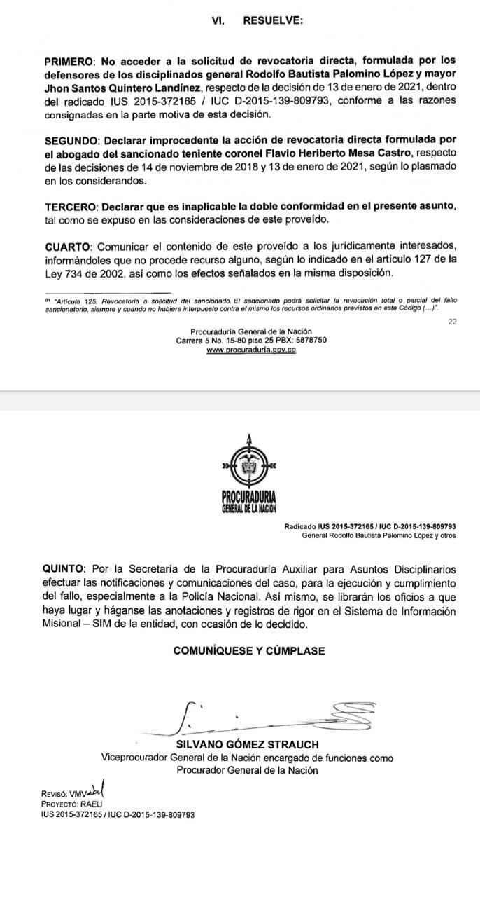 Fragmento proceso en Procuraduría contra el general (r) Rodolfo Palomino