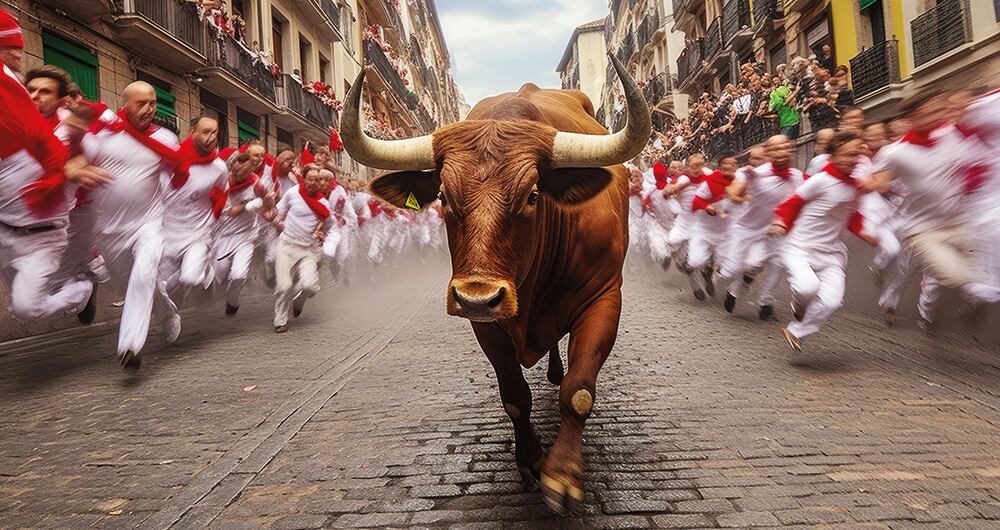 Carrera gratuita de 875 metros delante de seis toros salvajes y seis cabestros que guían a la manada por el recorrido hasta la plaza de toros. 