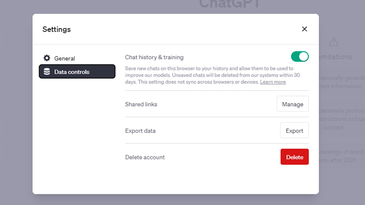 Control de ChatGPT para borrar el historial de chats.