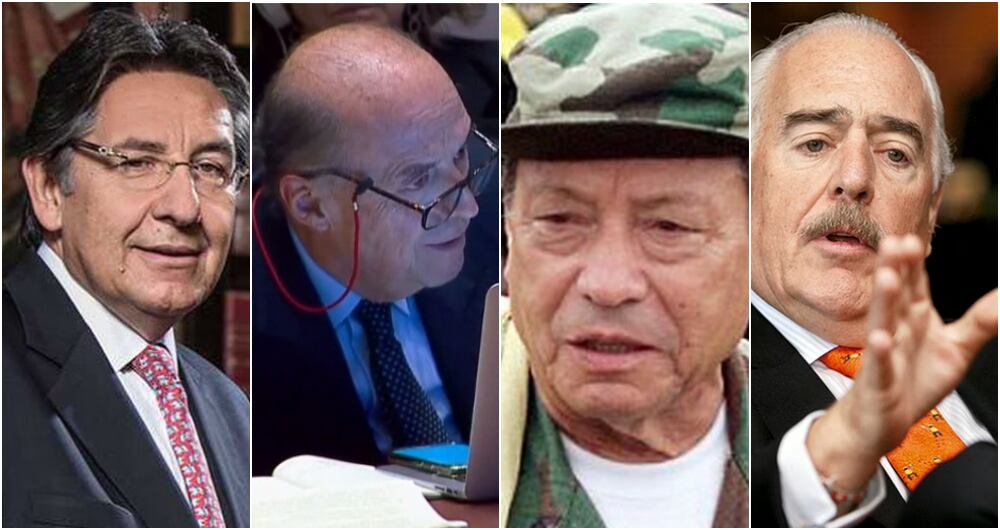 Néstor Humberto Martínez, ex fiscal general de la Nación; Álvaro Leyva, canciller; Manuel Marulanda Vélez, alias Tirofijo, jefe de las Farc fallecido; y el expresidente Andrés Pastrana, respectivamente