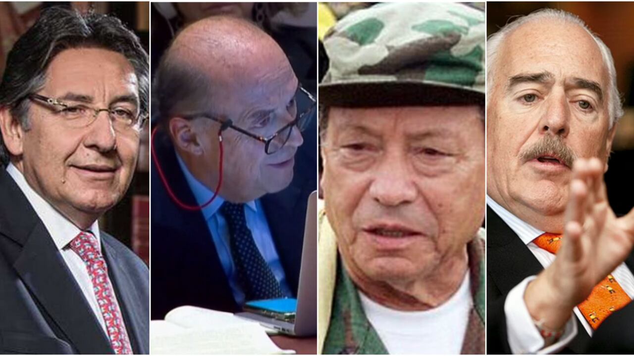Néstor Humberto Martínez, ex fiscal general de la Nación; Álvaro Leyva, canciller; Manuel Marulanda Vélez, alias Tirofijo, jefe de las Farc fallecido; y el expresidente Andrés Pastrana, respectivamente