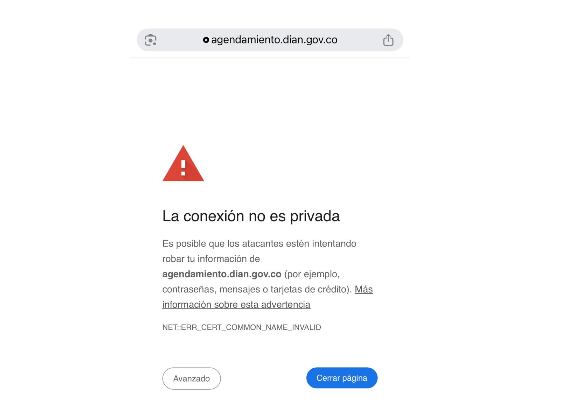 Así aparece el acceso al sistema de agendamiento de citas en la Dian, tras el hackeo.