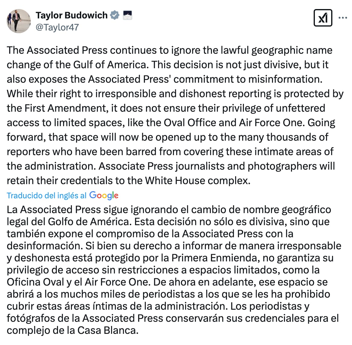 Mensaje emitido por Taylor Budowich en sus redes sociales