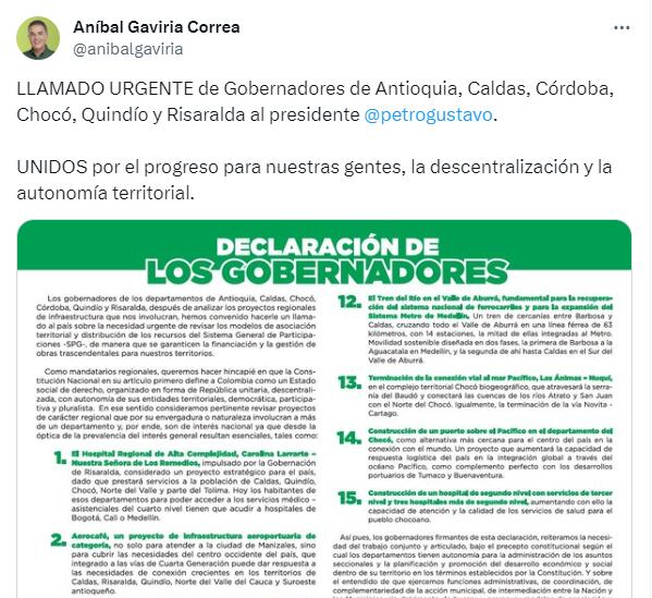 El gobernador de Antioquia, Aníbal Gaviria, calificó el llamado como "urgente".