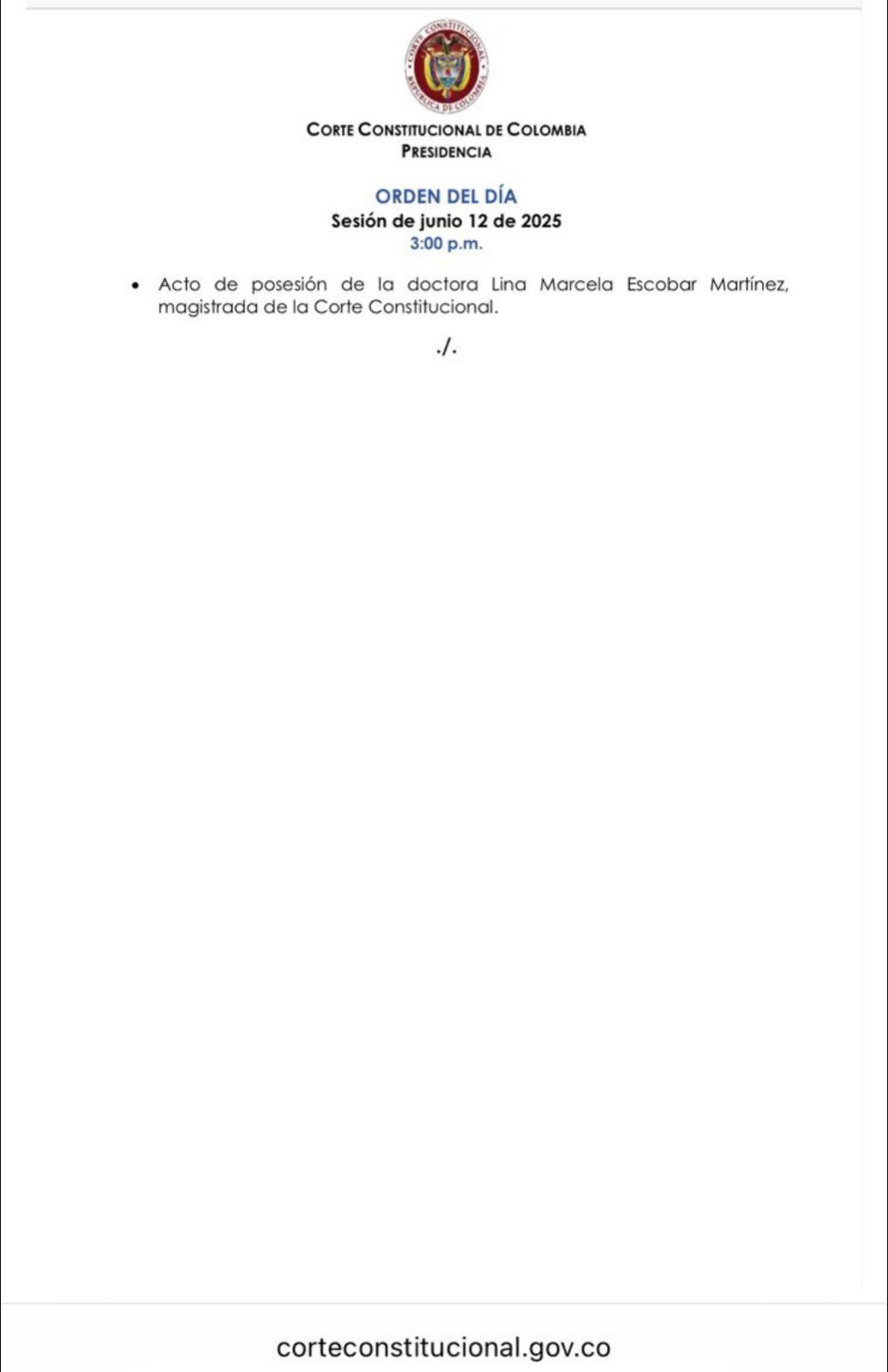 Acta de posesión de Lina Escobar como nueva magistrada de la Corte Constitucional.
