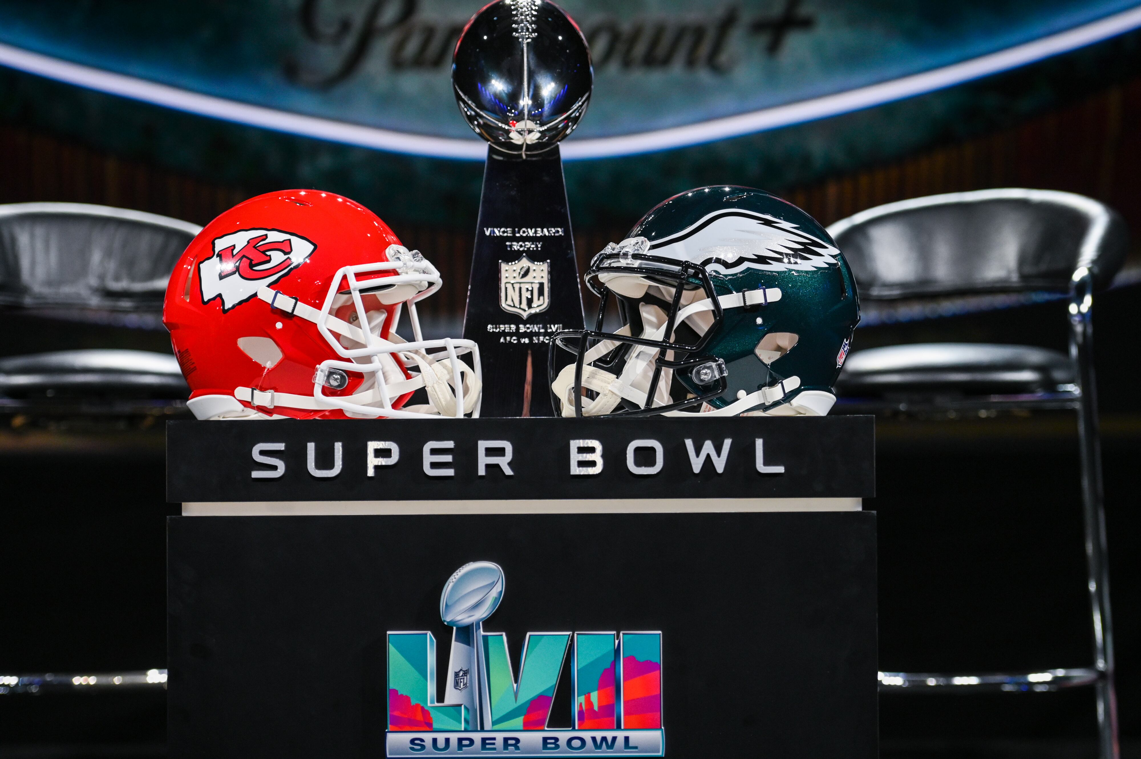 The Vince Lombardi trophy and helmets for the Chiefs and Eagles sit on a display ahead of Commissioner Roger Goodells Super Bowl LVII press conference at the Phoenix Convention Center. Picture date: Wednesday February 8, 2023. Super Bowl LVII will take place Sunday Feb. 12, 2023 between the Kansas City Chiefs and the Philadelphia Eagles. (Photo by Anthony Behar/PA Images via Getty Images)