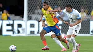 Colombia's midfielder #06 Richard Rios fights for the ball with Uruguay's midfielder #15 Federico Valverde during the Conmebol 2024 Copa America tournament semi-final football match between Uruguay and Colombia at Bank of America Stadium, in Charlotte, North Caroline on July 10, 2024. (Photo by JUAN MABROMATA / AFP)